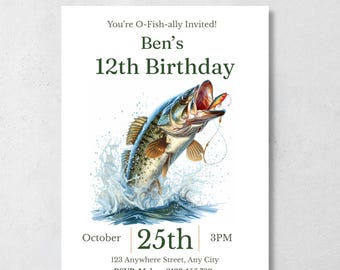Fishing Birthday Invitation, Bass Fishing Party Invite, Boy Birthday Invitation, Editable Canva Template, Printable Instant Download