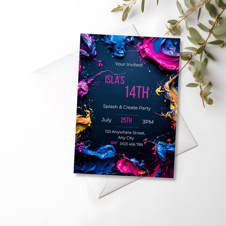 Modern teen paint party invitation template with dramatic paint splashes and blank center for party details