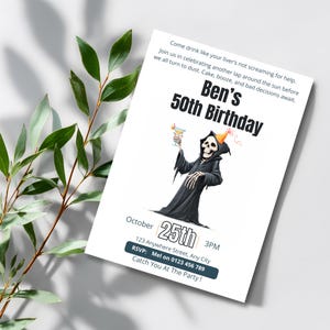 Grim reaper adult birthday invitation card with envelope, styled flat lay with eucalyptus leaves