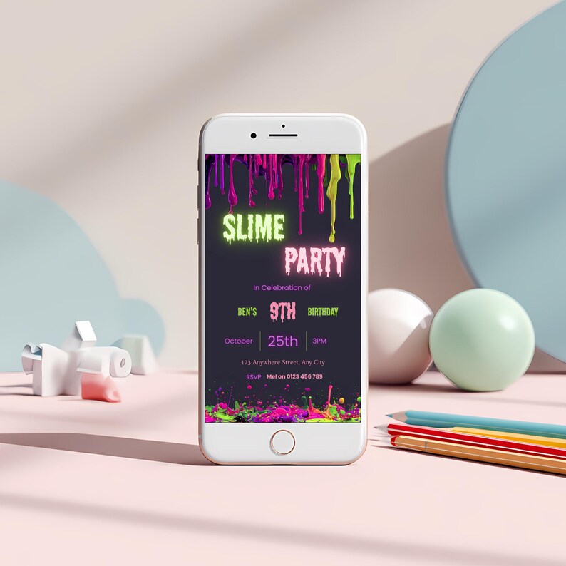 Slime party invitation mobile version displayed on a phone screen, sized 1080 by 1920 pixels for texting or sharing digitally.