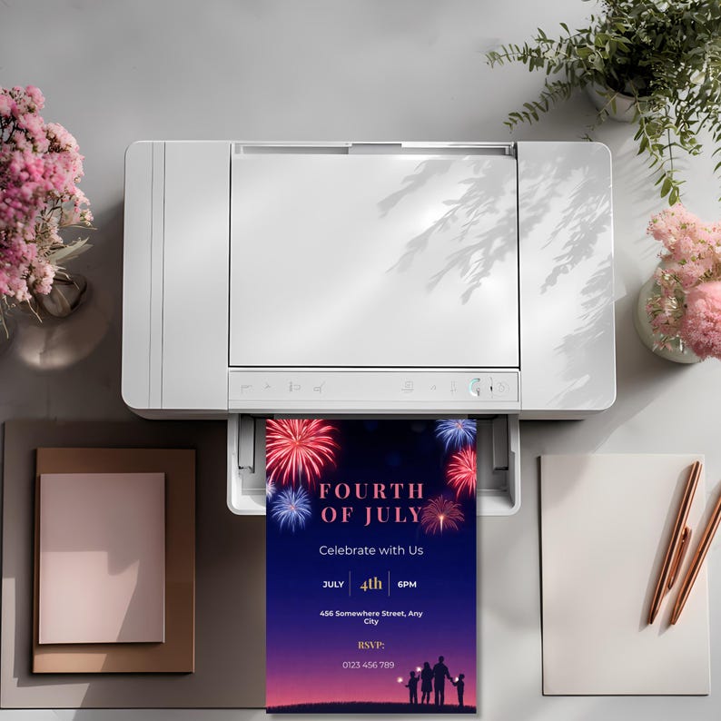 Printable Fourth of July invitation coming out of a printer with red white and blue fireworks design and elegant patriotic typography