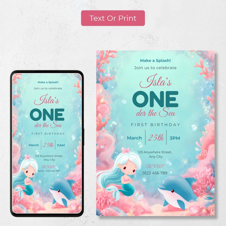 Oneder the Sea first birthday invitation shown as a mobile evite on a phone and as a printable 5x7 card, so you can text it or print it.