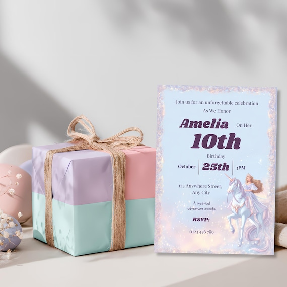 Unicorn birthday invitation with pastel gift box and balloons, editable Canva template