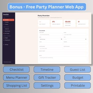 Free bonus Party Planner web app with dashboard, checklist, guest list, budget tracker, and shopping list for birthday planning