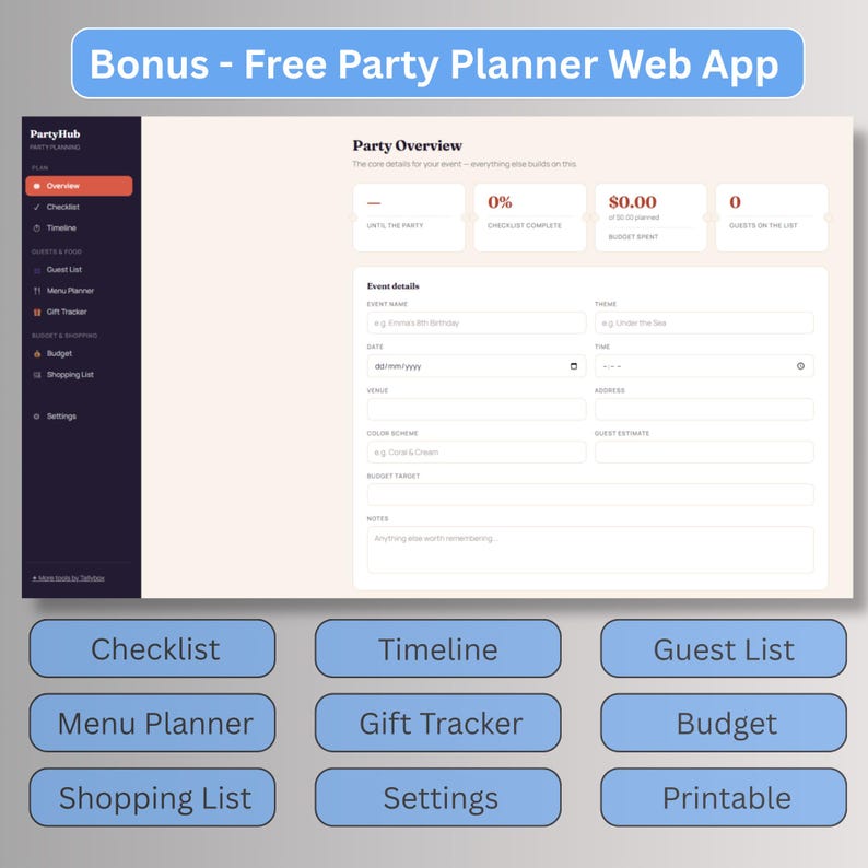 Free bonus Party Planner web app with dashboard, checklist, guest list, budget tracker, and shopping list for birthday planning