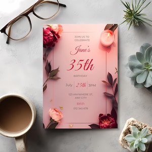 Elegant pink floral birthday invitation template with romantic candlelight aesthetic and minimalist geometric frame, editable Canva invite for women’s birthday