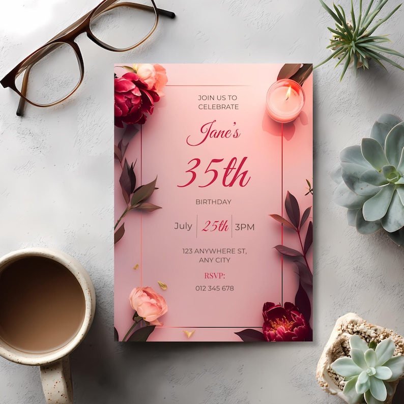 Elegant pink floral birthday invitation template with romantic candlelight aesthetic and minimalist geometric frame, editable Canva invite for women’s birthday