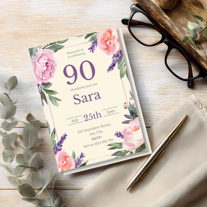 90th Birthday Invitation Editable Template