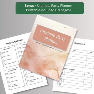 Free bonus 18-page printable party planner with master party checklist, shopping list and budget pages