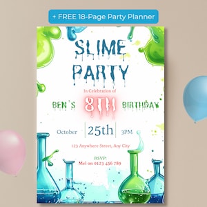 Editable slime party invitation with free 18-page party planner bonus, boy's birthday invite template with balloons