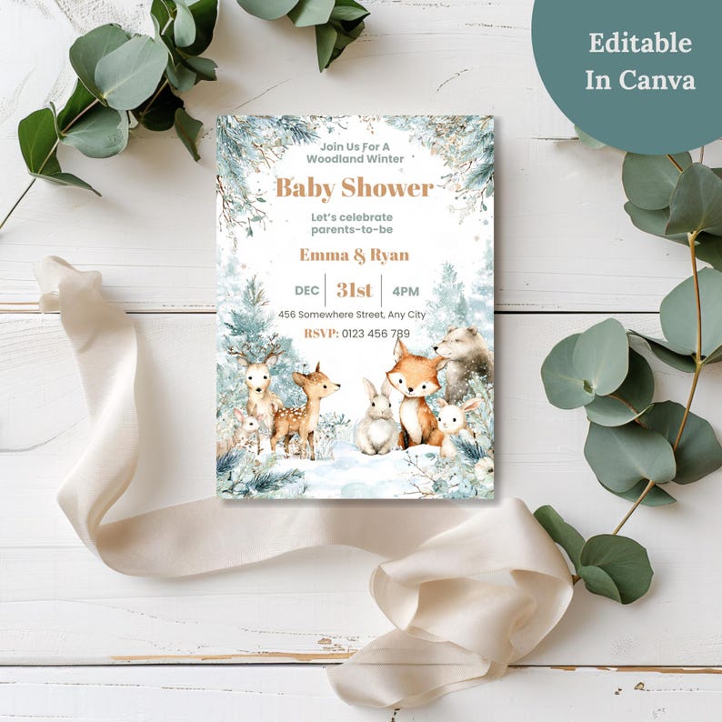 Woodland baby shower invitation flat lay with eucalyptus and ribbon, editable in Canva template badge