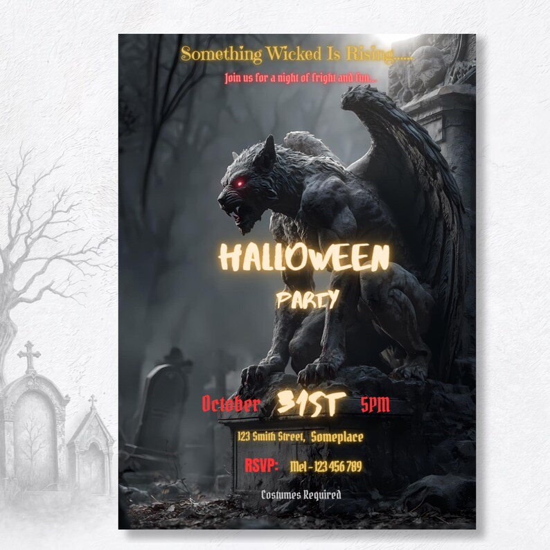 Dark Halloween party invitation with ghostly graveyard background, gothic gargoyle costume party invite, printable Canva template download