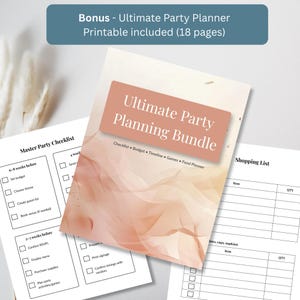 Free 18-page printable party planner bonus included with the fishing birthday invitation template, showing checklist and shopping list pages