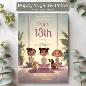 Puppy yoga birthday invitation featuring girls sitting on yoga mats with dachshund puppies in a warm pastel studio setting