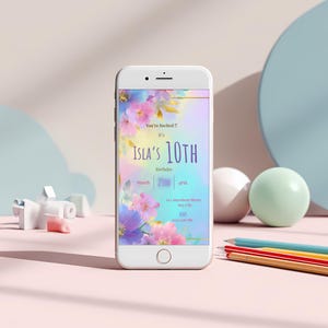Mobile version of pastel floral girls birthday invitation displayed on smartphone screen, 1080x1920 digital invite for WhatsApp and Instagram Stories