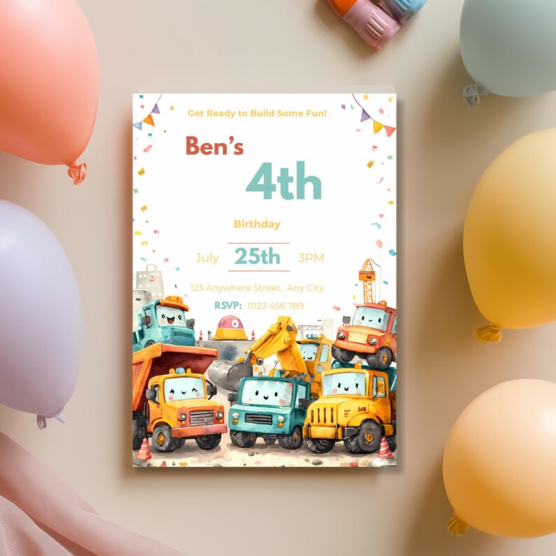 Kids construction birthday invitation template with smiling trucks, bulldozer, dump truck, excavator, and crane on playful background.