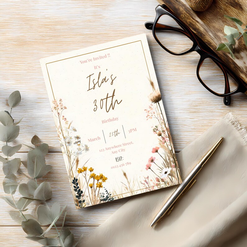 May include: An invitation card with a floral design and the text "Isla's 30th Birthday." The card includes the date, time, and RSVP information. The design features a cream background with gold accents and floral illustrations.