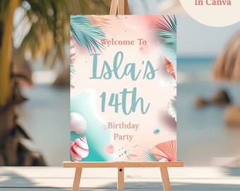 Pastel Coastal Teen Girl Welcome Sign, Editable Birthday Sign, Canva Digital Watercolor, 8x10 & 16x20
