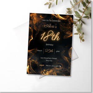 Luxury moody birthday invitation template with glowing gold smoke and dark dramatic center space