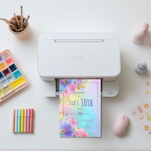 Pastel rainbow floral birthday invitation printing from home printer, editable Canva template for girls birthday party, instant download printable