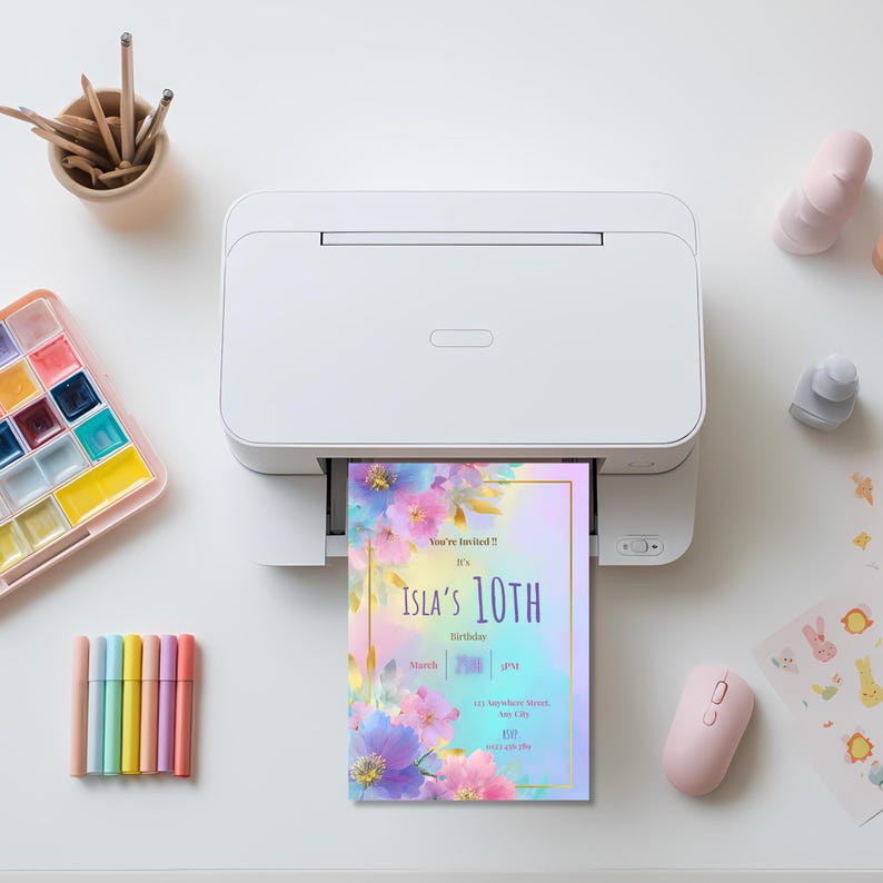 Pastel rainbow floral birthday invitation printing from home printer, editable Canva template for girls birthday party, instant download printable