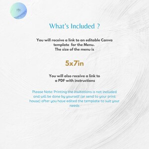 May include: A digital menu template with the text "What's Included?" and details about the Canva template and PDF instructions. The menu size is 5x7 inches. The background is white with a subtle, textured design.