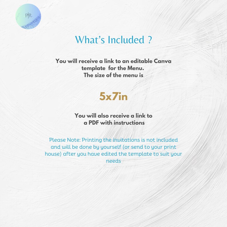 May include: A digital menu template with the text "What's Included?" and details about the Canva template and PDF instructions. The menu size is 5x7 inches. The background is white with a subtle, textured design.