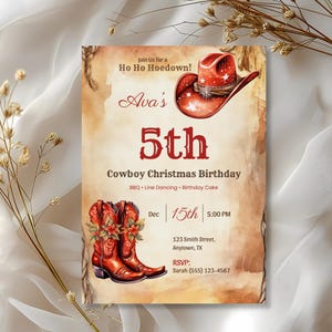 Western Christmas birthday invitation customized for a child's 5th birthday with a red cowboy hat and boots, a kids cowboy or cowgirl party invite