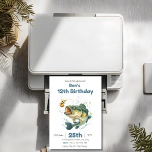 Fishing birthday invitation template printing from a home printer, showing the invite can be easily printed at home after editing