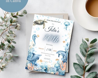 Watercolor Ocean Birthday Invitation 5x7, Cute Sea Creatures Kids Party Invite, Editable Canva Template, Under the Sea Printable