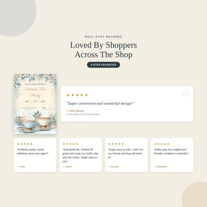 Customer reviews for the editable winter tea party invitation template, five-star ratings praising the design and easy Canva editing.