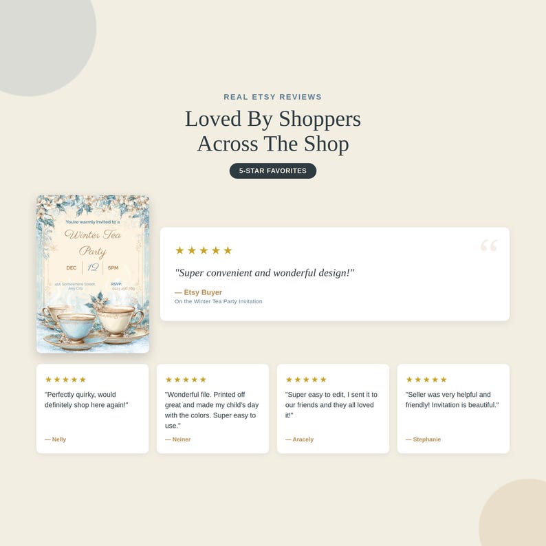 Customer reviews for the editable winter tea party invitation template, five-star ratings praising the design and easy Canva editing.