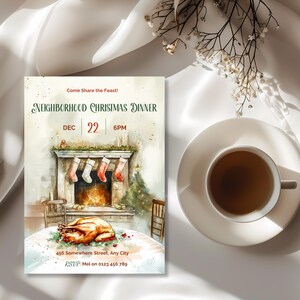 Christmas dinner invitation customized as a Neighborhood Christmas Dinner, a cozy holiday dinner party invite for friends and neighbors