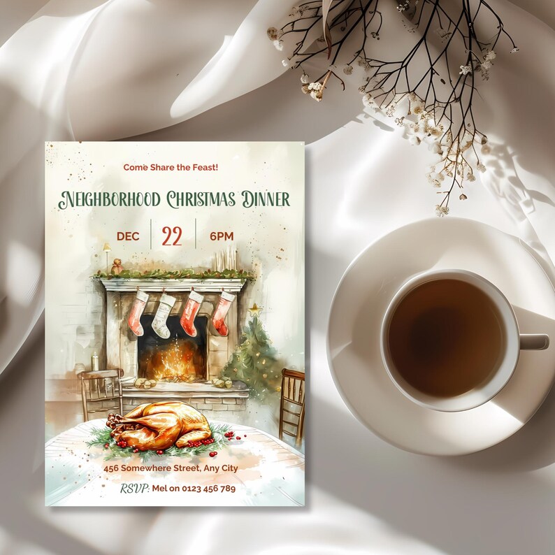 Christmas dinner invitation customized as a Neighborhood Christmas Dinner, a cozy holiday dinner party invite for friends and neighbors