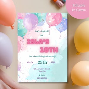 Pastel balloon 10th birthday invitation, editable Canva template, hello double digits girl birthday invite