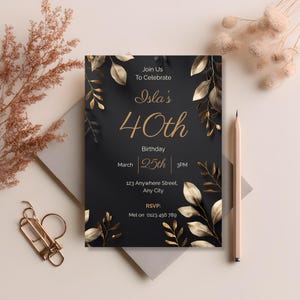 Elegant black and gold 40th birthday invitation with metallic botanical frame on dark matte background, luxury evening party design