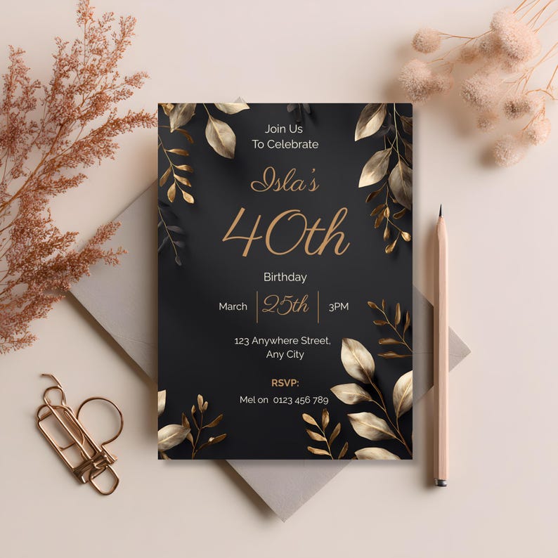 Elegant black and gold 40th birthday invitation with metallic botanical frame on dark matte background, luxury evening party design