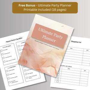 Free bonus 18-page printable party planner with master party checklist, shopping list and cover page, included with the New Years Eve invitation