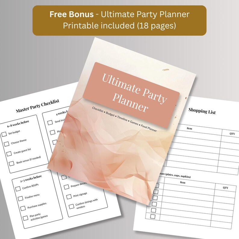 Free bonus 18-page printable party planner with master party checklist, shopping list and cover page, included with the New Years Eve invitation