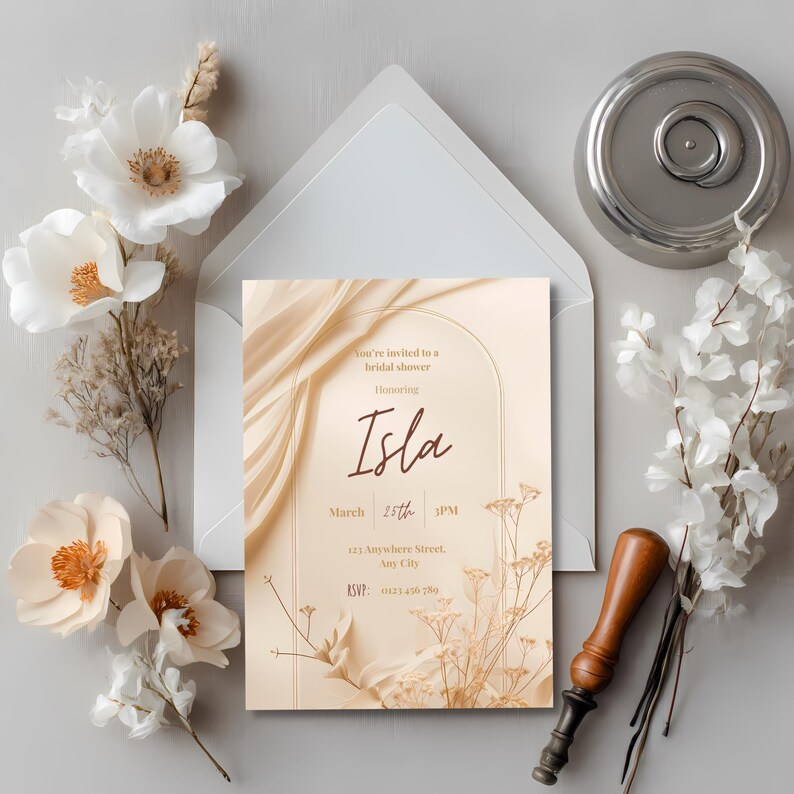 Minimalist bridal shower invite mockup with warm ivory background and gold arch lines, editable template