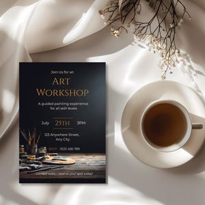 Elegant painting class invitation template with vintage artist desk brushes palette and cinematic lighting