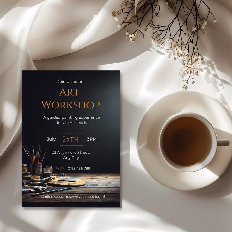 Elegant painting class invitation template with vintage artist desk brushes palette and cinematic lighting