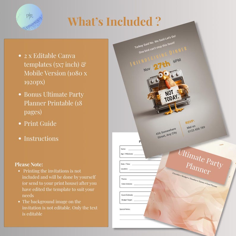 Thanksgiving party invitation listing includes two editable Canva templates, mobile version, and free 18 page party planner printable