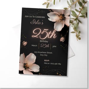 Black and blush floral 25th birthday invitation template with neon glow milestone number shown with white envelope on clean white background, editable Canva design