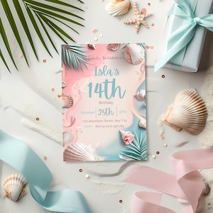 May include: A birthday invitation with a beach theme. The invitation is pink and blue with seashells and palm leaves. The text reads "Isla's 14th Birthday" with the date and time. Decorative ribbons, seashells, and a gift box surround the invitation.