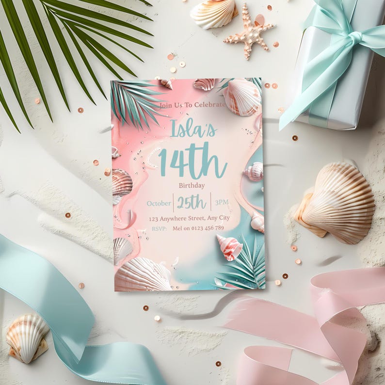 May include: A birthday invitation with a beach theme. The invitation is pink and blue with seashells and palm leaves. The text reads "Isla's 14th Birthday" with the date and time. Decorative ribbons, seashells, and a gift box surround the invitation.