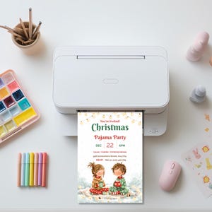 Christmas pajama party invitation printing at home on a desktop printer, a printable 5x7 holiday PJ party invite