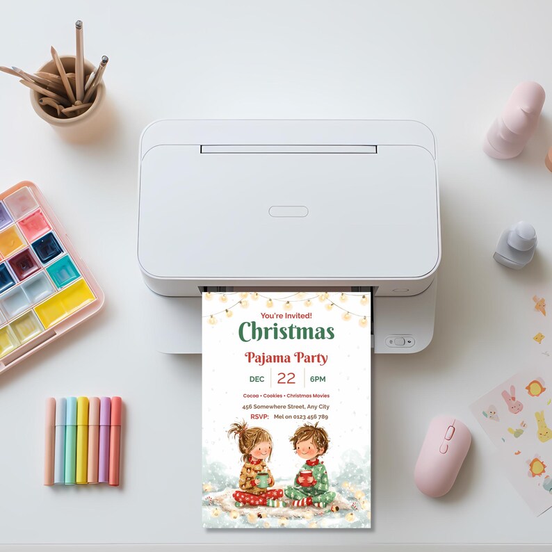 Christmas pajama party invitation printing at home on a desktop printer, a printable 5x7 holiday PJ party invite