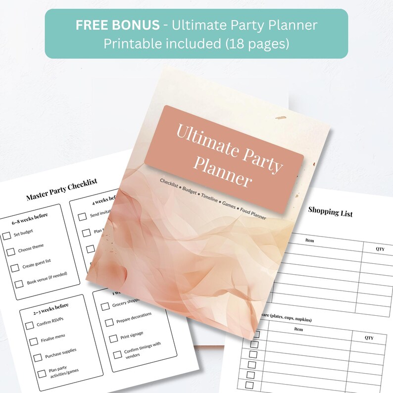 Free 18 page printable party planner bonus, checklist budget timeline games and food planner pages