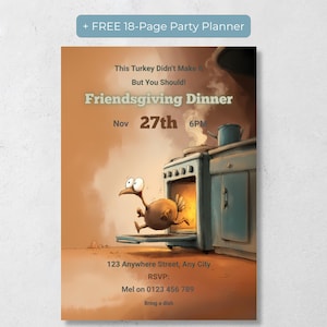 Grappige uitnodiging voor Friendsgiving, bewerkbare Canva-sjabloon, uitnodiging voor een kalkoendiner, direct digitaal te downloaden, inclusief gratis bonus voor de feestplanner.